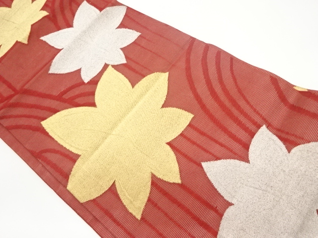  紗 紅葉に滝模様織出し名古屋帯